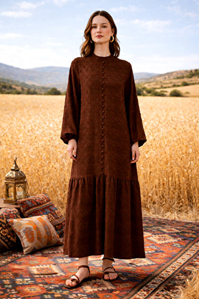 Nuss Guipure and Denim Detailed Long Dress 2026 Brown