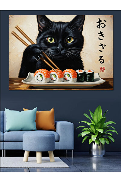 Artmeg Pânză decorativă cu ilustrație a unei pisici negre care mănâncă sushi ...