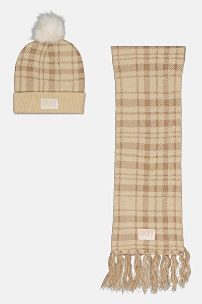 Dkny Jeans Kids Girl 2 Piece Plaid Beanie Hat And Scarf Set, Beige
