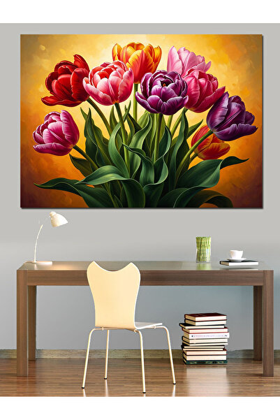 Artmeg Pictură decorativă cu lalele colorate într-o vază - Tablou din lemn MDF