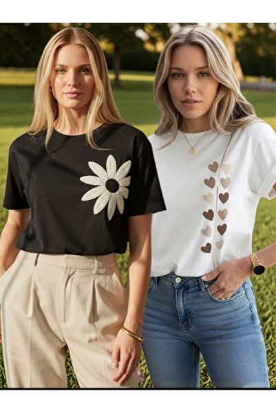 tkn your style Women's 2-Row Tiny Hearts Flower Print Design Black and White ...