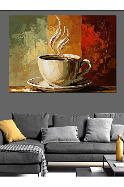 Artmeg Ceașcă de cafea albă care scoate fum, pânză decorativă - Masă din lemn...