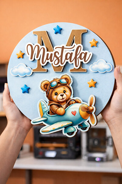 Agulab Pilot Ayı 3 Katmanlı İsme Özel Işıklı İsimli Bebek Kapı Süsü- Hastane ...