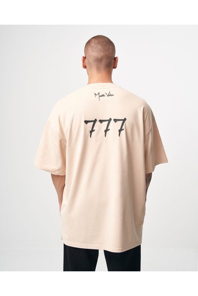 martin valen Men's "777" 3D Print Detailed Beige Designer Oversized T-Shirt