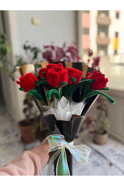 Kristal Flowers 8’li El Yapımı Kırmızı Gül Buketi – Solmayan Çiçek – Şönil