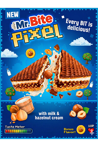 Mr.Bite Napolitana Pixel cu Lapte si Alune , 30 G x 24 Buc