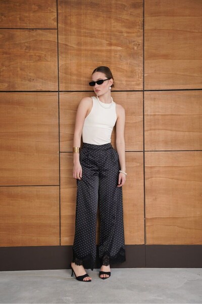 cemo Kadın Puantiyeli Dantel Paça Detaylı Yüksek Bel Geniş Paça Pantolon