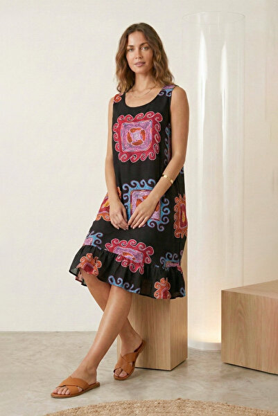 LAbute Renkli Desenli Volanlı Bohem Elbise