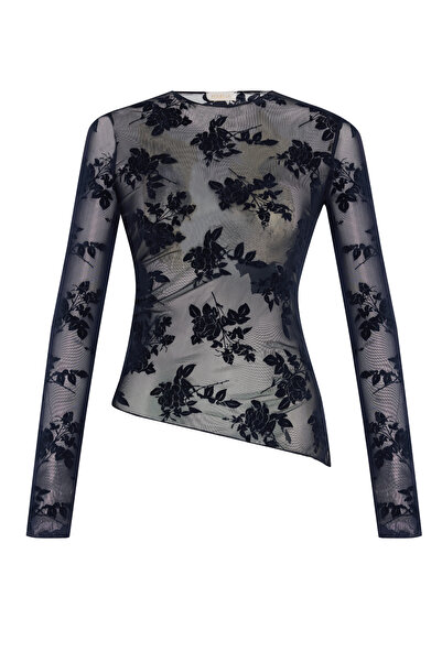 AQUELLA Patterned navy blue Tulle blouse