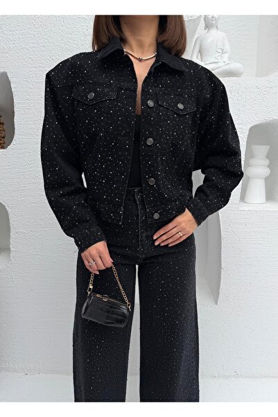 Vooz Kadın Taşlı Takım Denim Oversize Ceket Baggy Jean Yüksek Bel Geniş Paça ...