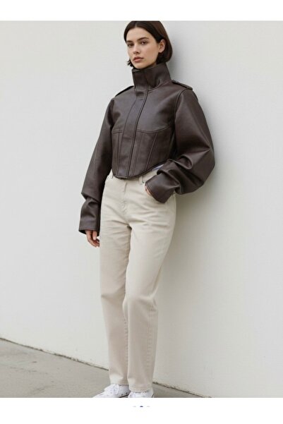 AL&SU BUTİK Γυναικείο δερμάτινο μπουφάν με φερμουάρ μπροστά και λεπτομέρειες ...