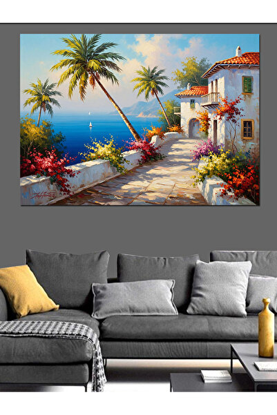 Artmeg Oraș mediteranean, stradă florală, pânză decorativă - masă din lemn MDF