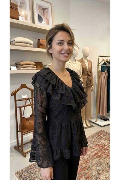 Olea Valonlu Flock Printed V-Neck Bluz