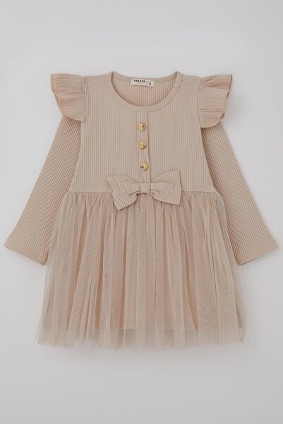 Breeze Κοριτσίστικο μακρυμάνικο φόρεμα με βολάν στους ώμους και λεπτομέρεια φ...