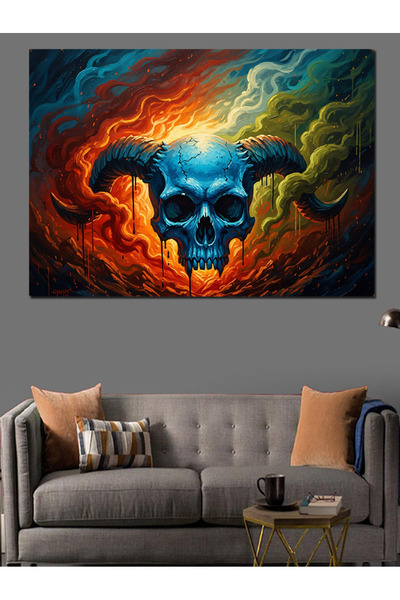 Artmeg În flăcări, craniu cu coarne albastre, pânză decorativă - Tablou din l...