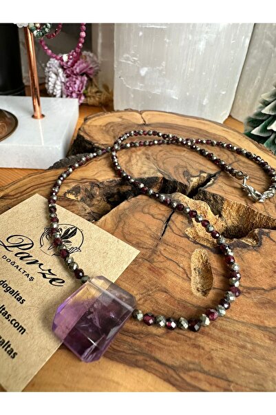 parze doğaltaş Lal (Red Garnet) & Pyrite & Ametrine Natural Stone Necklace