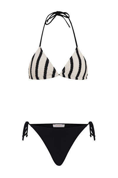 AQUELLA Tricotaj Negru cu dungi Ecru Set Bikini Triunghi