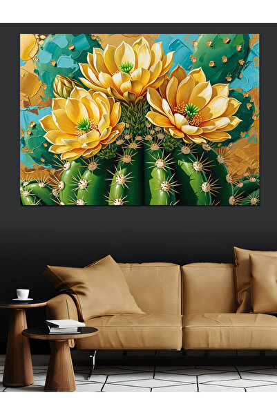 Artmeg Flori galbene înflorind pe cactus - Pânză decorativă - Tablou din lemn...