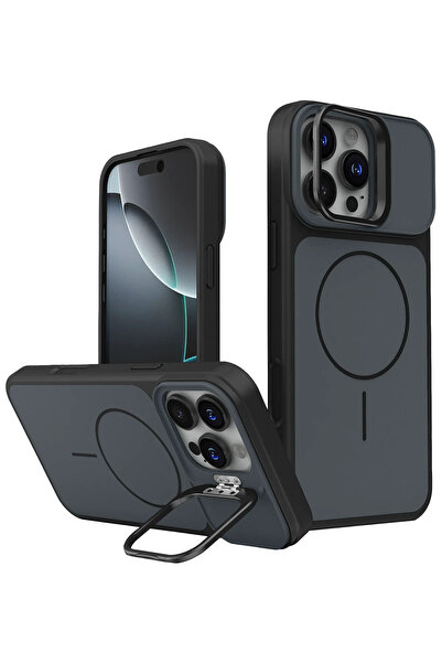 Fuchsia غطاء حماية متوافق مع آيفون 16 برو ماكس مع حامل مغناطيسي - أسود