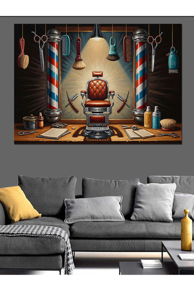 Artmeg Retro Berber Salonu Koltuk Tablosu Dekoratif Kanvas - Mdf Ahşap Tablo