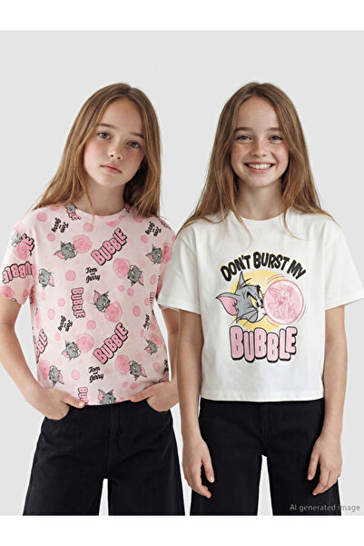 LC Waikiki Rmz Gi̇yi̇m Farkiyla Tom and Jerry Printed Girls' 2-Piece T-Shirt