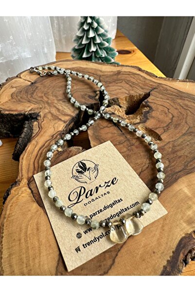 parze doğaltaş Phrenite & Pyrite and Citrine Natural Stone Beaded Necklace
