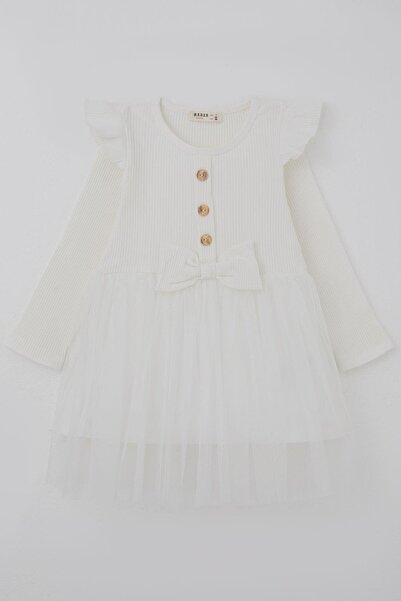 Breeze Κοριτσίστικο μακρυμάνικο φόρεμα με βολάν στους ώμους και λεπτομέρεια φ...