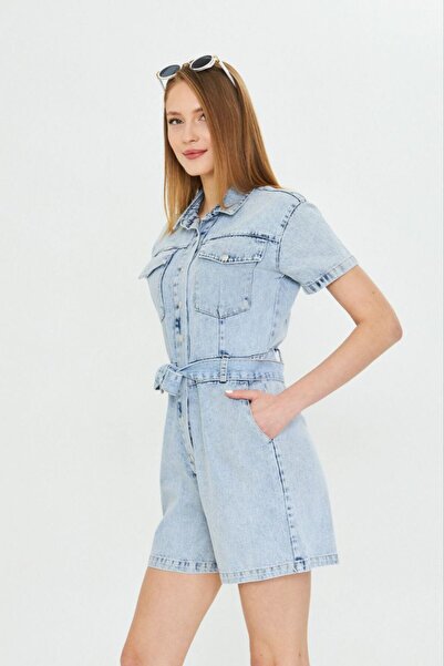 LİFERA Light Blue Jeans, Belt Pack Overalls Shorts, Denim