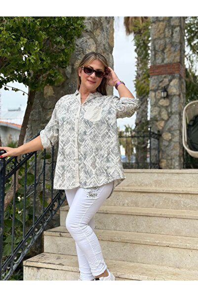 Punta Otantik Nc21055 Three Buttons Snake Pattern Italian Coton Blouse Beige