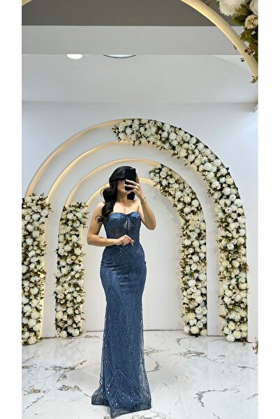 ABİYECİM ABİYE Abiye - Straplez sırt arka bağıcıklı sabit taş işleme balık El...