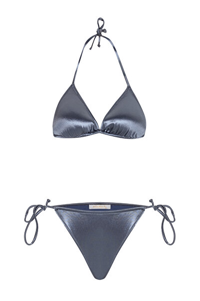 AQUELLA Channel Ruched Navy Blue Triangle Bikini Set