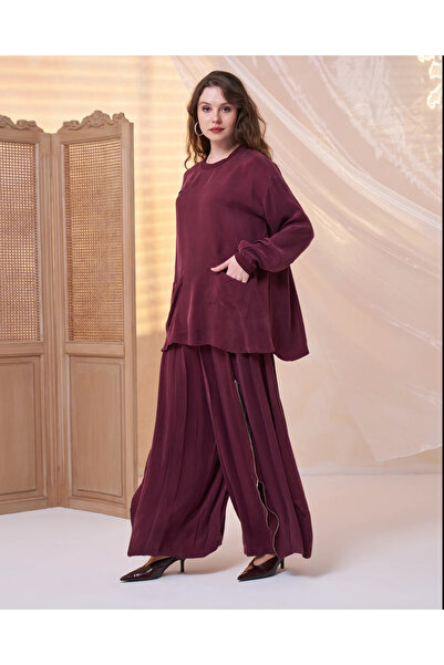 MissWhence Cupra İ Silk Unik Shalwar Suit with Inner Pants 39004 Burgundy