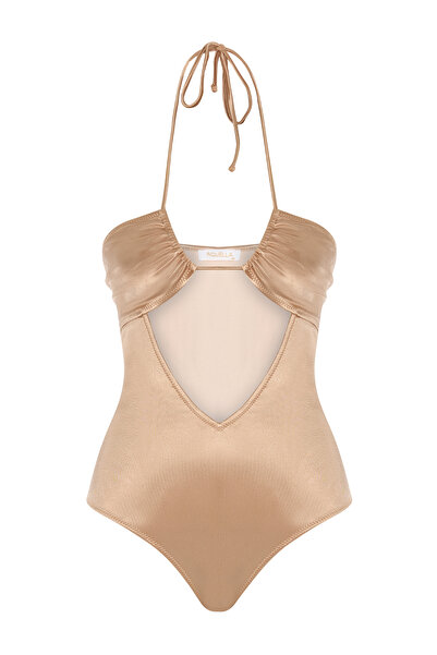 AQUELLA Halter Neck Beige Strapless Swimsuit