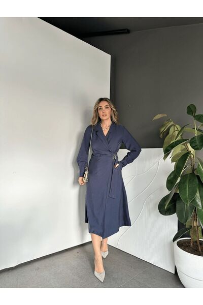 MAGARDE بأزرار على الجهتين بإبزيم بجيوب فستان - أزرق داكن