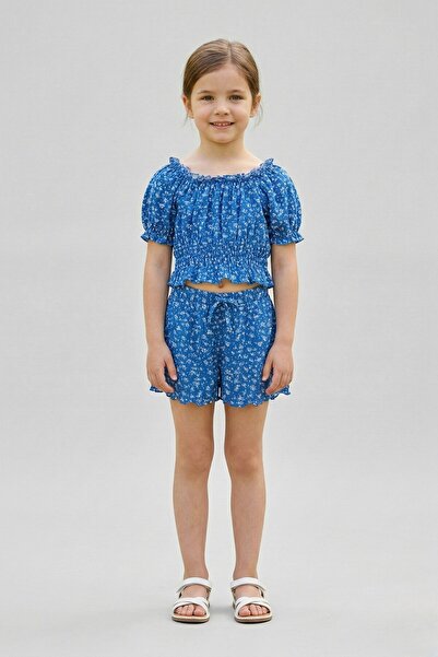 Lupinn Set de pantaloni scurți albaștri imprimeu floral pentru fete, elastic ...