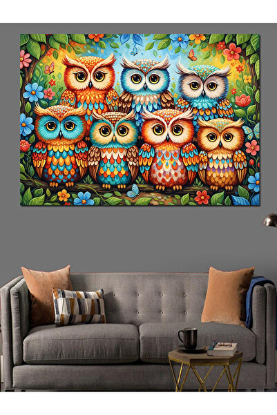 Artmeg Tablou decorativ din pânză cu ilustrație a familiei bufnițe colorate -...
