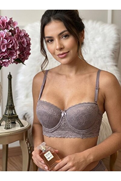 ohminishe Vizon Rengi Tam Dantelli Destekli Push Up Balkonet Sütyen