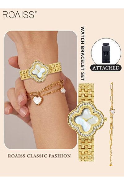 ROAISS طقم سوار ساعة نسائي من قطعتين مصنوع من سبيكة معدنية، مينا مزخرف بالزهو...