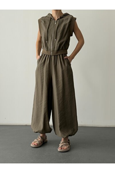 Quzu Rib Knit Detailed Trousers Khaki