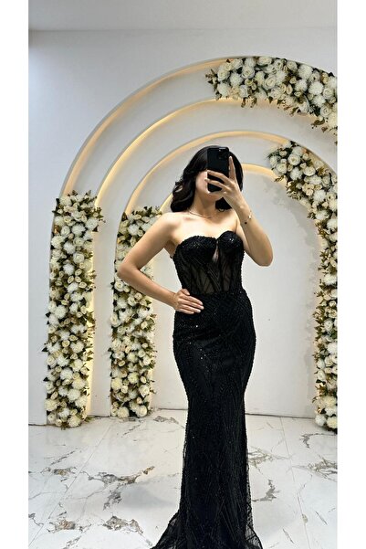 ABİYECİM ABİYE Abiye - Straplez sırt arka bağıcıklı sabit taş işleme balık El...