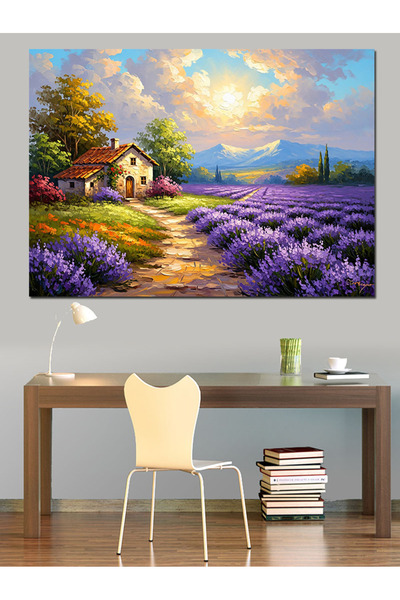 Artmeg Pânză decorativă Câmpul de lavandă și Casa de sat - Masă din lemn MDF
