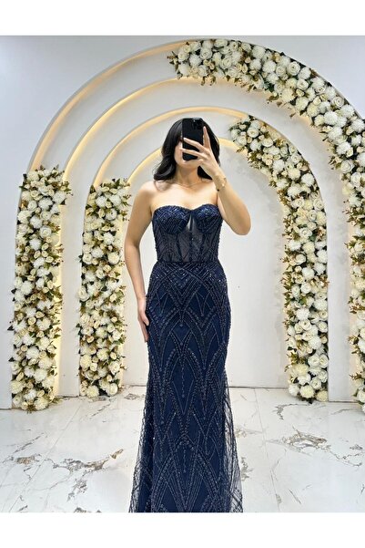 ABİYECİM ABİYE Abiye - Straplez sırt arka bağıcıklı sabit taş işleme balık El...