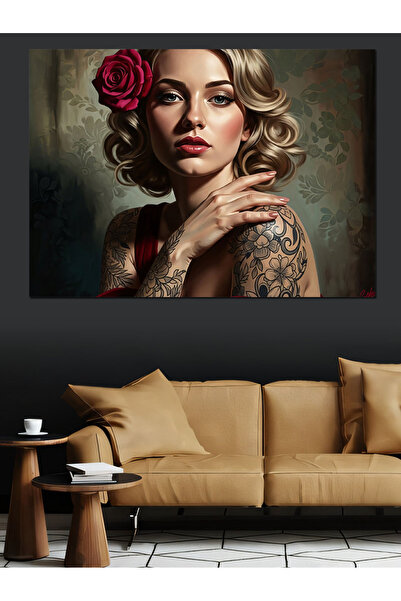 Artmeg Portret de Femeie cu Trandafiri și Tatuaje, Pânză Decorativă - Masă di...