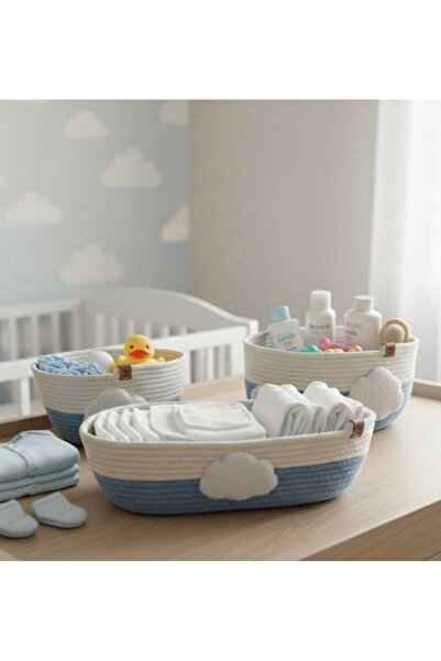 MOTTOMOR Çok Amaçlı Dekoratif Pembe Mavi Kalp Sepetler 3'Lü Havlu Düzenleme S...