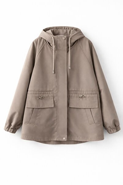 Quzu Zip Detail Hooded Trench Coat Beige