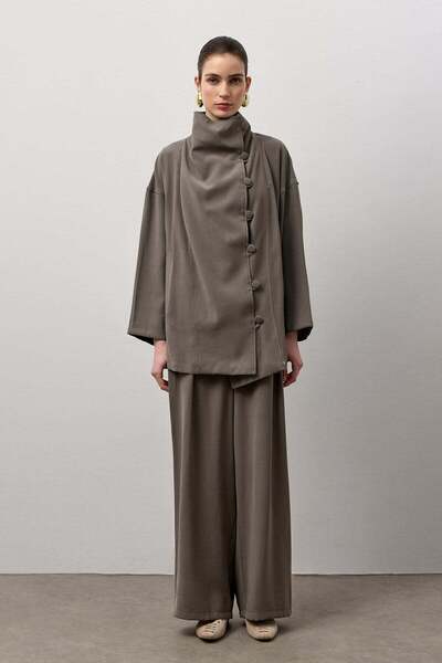 Molene Haki Kaplama Düğmeli Salaş Ceket