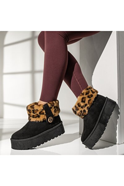 Modlet.ro Ghete de damă din piele întoarsă neagră cu talpă groasă MOD14115