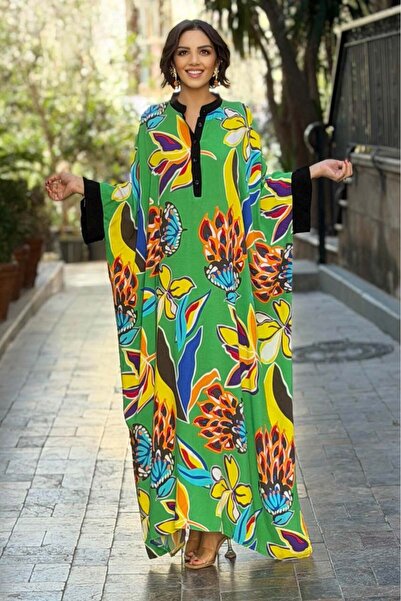 Nevin Kaya Moda Φόρεμα Green Tropic Με σχέδιο 100% Βαμβάκι Plus Size