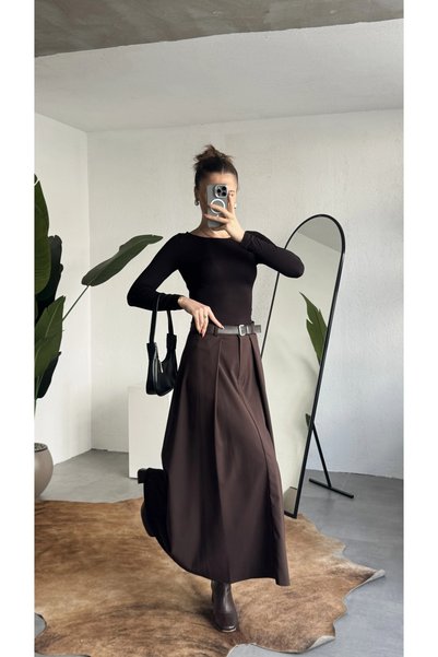 asfamoda Women's Brown Maxi Size Belt Long Skirt Women's High Waist Pleated