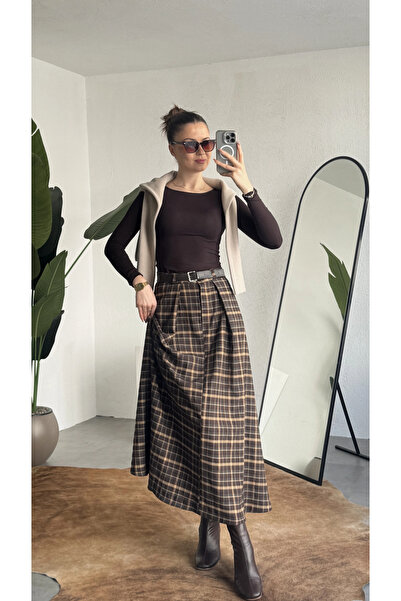 asfamoda Women's Brown Plaid Piece Maxi Size Belt Piece Long Skirt Women's Hi...